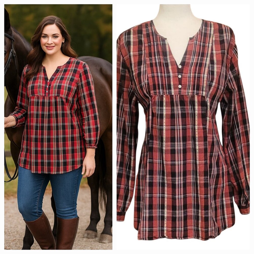 Bit & Bridle Equestrian Babydoll Plaid Pintuck Cottagecore Peasant Top Sz Large